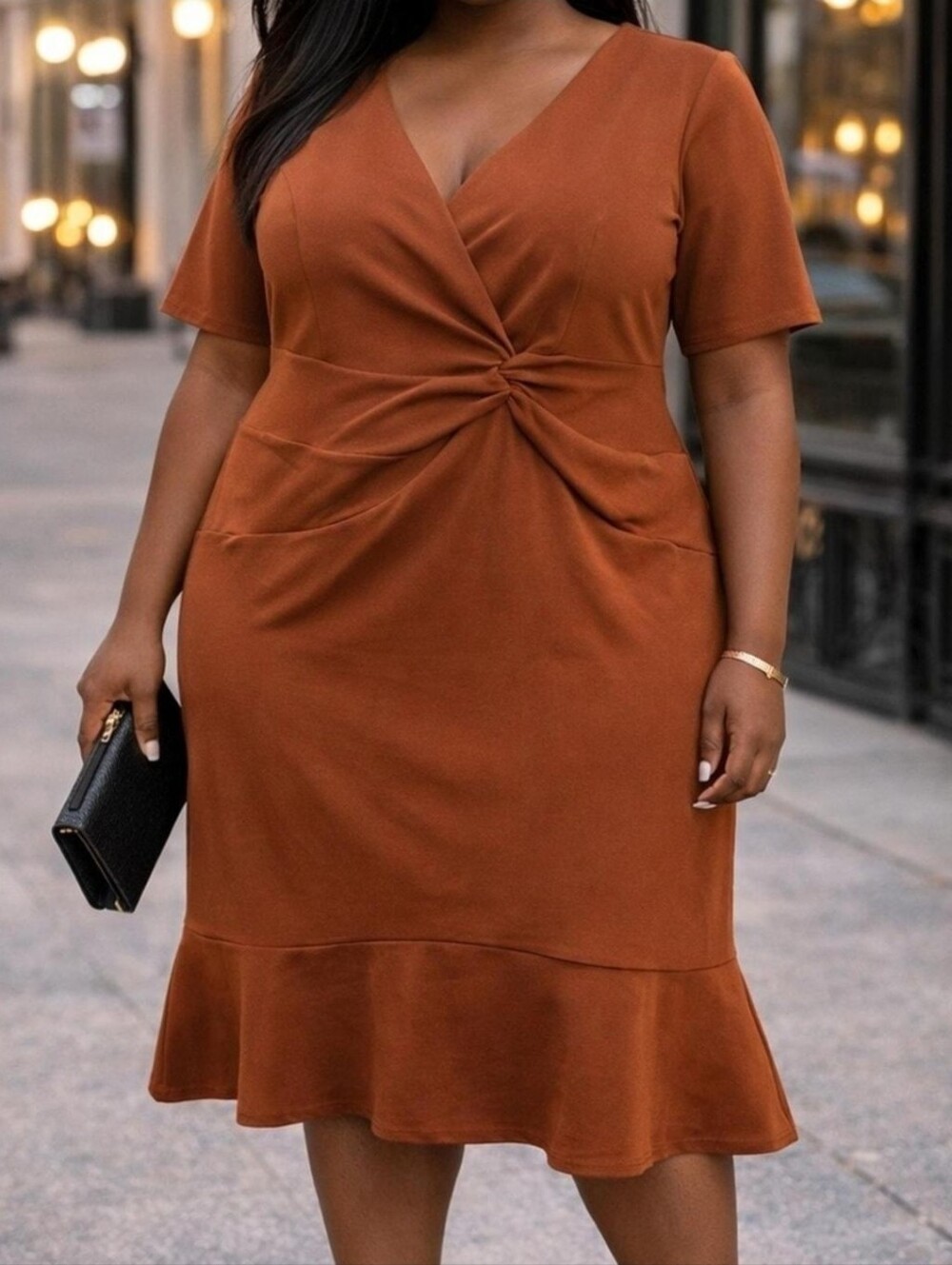 Rust Twist-Front V-Neck Midi Dress